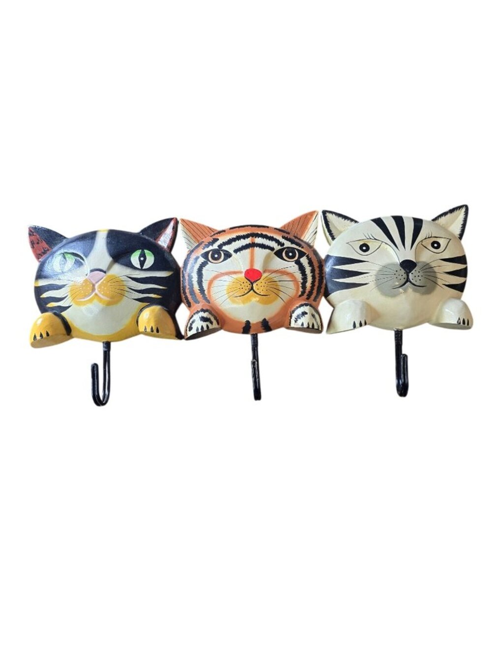 Vintage 1970's Three Cat Wooden Hand Carved, Painted, 3 Hook Clothes Hanger